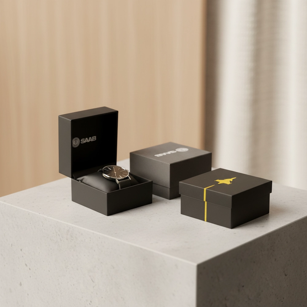 Tre presentaskar med Saab-m&auml;rkning, varav en &auml;r &ouml;ppen och visar ett m&ouml;rkt armbandsur inuti, med Saab-logotypen och gulddetaljer.